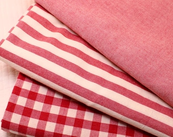 Premium Quality Melange Cotton fabric by the yard Stripe Check Fabric 63" Wide SG Yarn dyed Washed Red Solid Laceking made in Korea