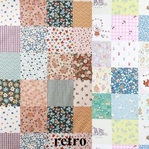 May include: Two fabric panels with a patchwork design. One panel features squares with floral, dotted, and striped patterns in various colours. The other panel has squares with animal and floral designs. The word "retro" is at the bottom of the first panel, and "bongbong" is at the bottom of the second panel.
