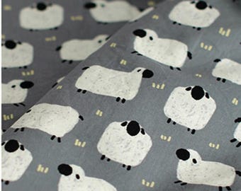 Cute Sheep Cotton Fabric by the Yard, Gray Lamb Farm Animal Print, 44 Inch Wide Korean Fabric for Nursery Quilts and Kids Sewing