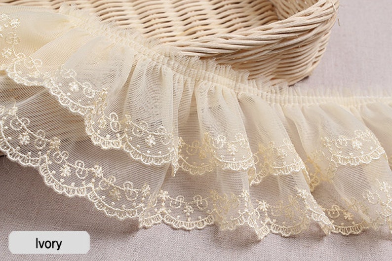 Premium Quality Embroidery Scalloped Gathered Mesh Lace Trim by the Yard 3.38.5cm YH1480a laceking2013 made in Korea ivory