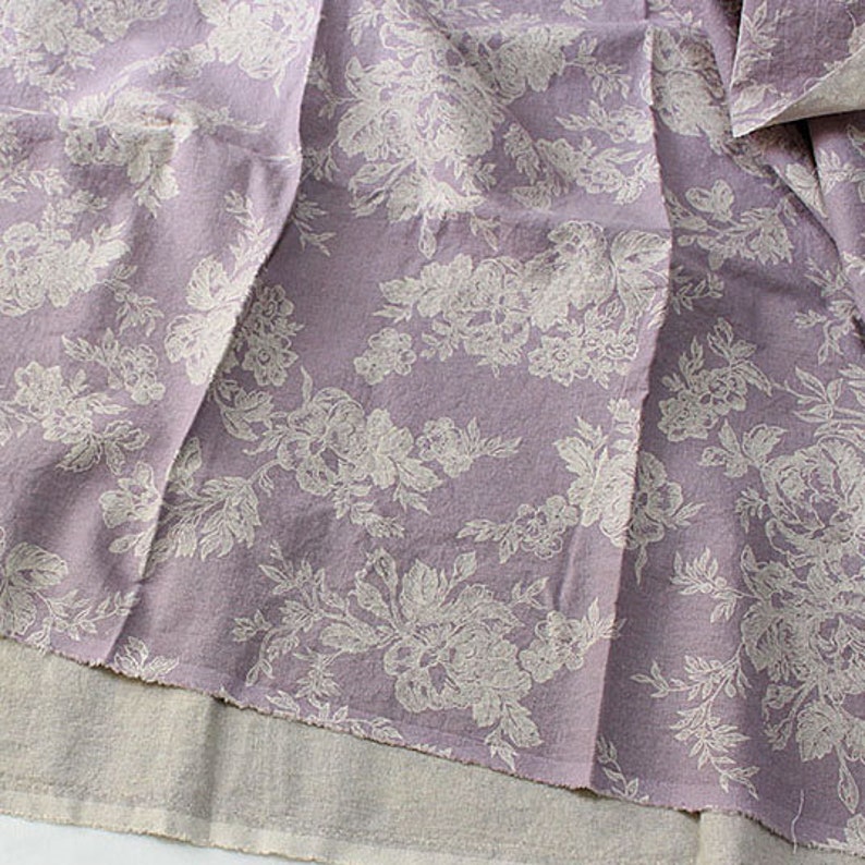 Antiker Leinenstoff mit Blumenmuster, Meterware, 140 cm breit, Vintage-Damaststoff Violet