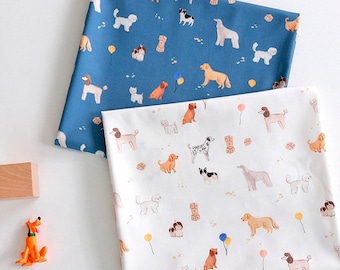 Puppy Dog Cotton Fabric by the Yard, Cute Dog Print Fabric, 44" Wide, Blue White, SG Puppy Friends, Made in Korea laceking2013