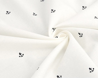 Anchor Cotton Fabric by the Yard, White Nautical Fabric with Small Black Anchors, 44" Wide Korean Cotton for Quilting and Coastal Sewing