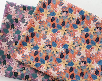 Modern Floral Cotton Fabric, Colorful Botanical Print, Coral or Mauve, 44 Inches Wide