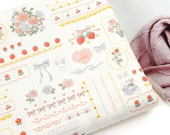 Bunny Strawberry Cotton Fabric, Ivory Floral and Bow Print, 42" Wide, 90cm Cut