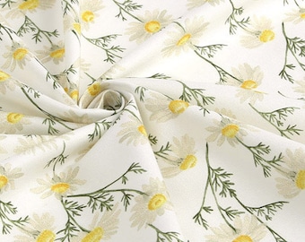 Chamomile Floral Cotton Fabric by the Yard, White Daisy and Yellow Flower Print, Cottagecore Sewing Fabric, 44 Inches Wide, Korea