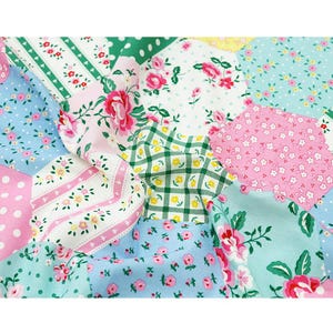 Puede incluir: Un edredón de retazos con una variedad de patrones florales en rosa, azul, verde y blanco. El edredón presenta formas hexagonales y una mezcla de lunares, rayas y estampados florales. El diseño tiene una estética vintage, cottagecore.