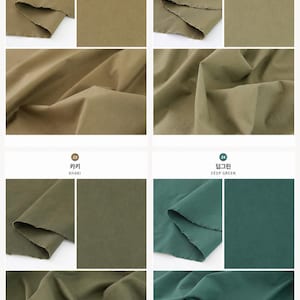 May include: A grid of four fabric swatches labeled 21 Olive, 22 Light Khaki, 23 Khaki, and 24 Deep Green. Each section displays a folded piece of textile alongside a flat, smooth sample of the same color, showcasing various shades of green and brown.