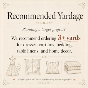May include: A beige graphic with the text "Recommended Yardage." It suggests ordering 3+ yards for dresses, curtains, bedding, table linens, and home decor. Illustrations of a dress, curtains, pillow, and folded fabric are included.
