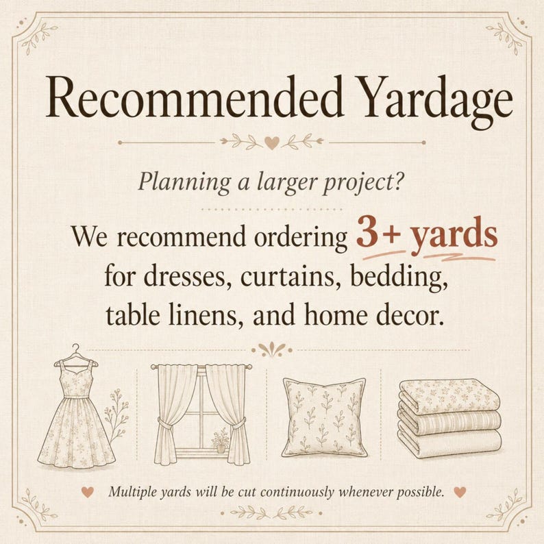 May include: A beige graphic with the text "Recommended Yardage." It suggests ordering 3+ yards for dresses, curtains, bedding, table linens, and home decor. Illustrations of a dress, curtains, pillow, and folded fabric are included.