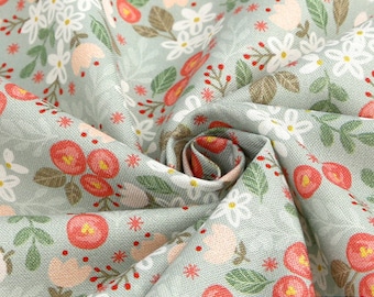 Sage Green Floral Cotton Fabric by the Yard, White Daisy Wildflower Print, 44 Inch Korean Fabric for Quilting, Dresses and Decor