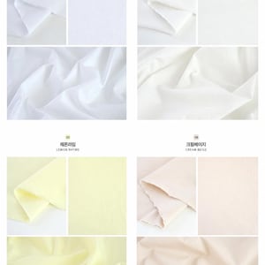 May include: A collection of fabric swatches in four distinct colors labeled 01 White, 02 Ivory, 03 Lemon Rhyme, and 04 Cream Beige. Each section displays the textile folded to show texture and draped to reveal the material's soft, matte finish.
