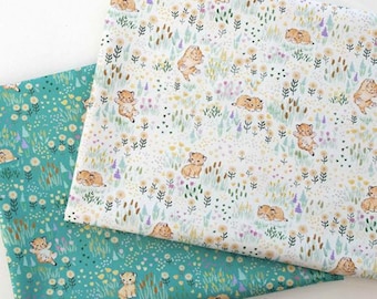 Cute Cat Floral Cotton Fabric by the Yard, Kitten Meadow Print, 44 Inches Wide
