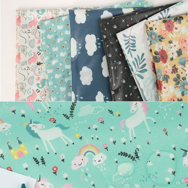 TPU Laminated Cotton by the yard Double ECO Coated Cloud, Dinosaur, Rabbit, Raining, Space, Flower, Leaf 54" wide SY Waterproof Fabric