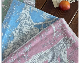 Toile de Jouy linne-bomullstyg, 136 cm brett franskt vintage Chinoiserie-tyg för gardiner, kudde, klänning