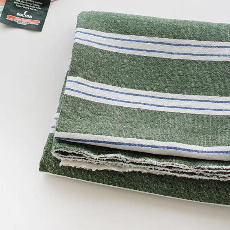 Premium Quality Cotton & Linen Mixture Stripe Fabric by the yard 55 wide Cozy Simple Stripe made in Korea Deep Green