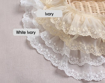 Premium Quality Embroidery Scalloped Gathered Mesh Lace Trim by the Yard 3.3"(8.5cm) YH1480a laceking2013 made in Korea