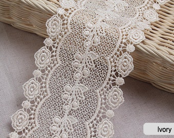 1yds Broderie Anglaise Vintage Venice lace trim Ivory 3.7"(9.5cm) YH1084 laceking2013