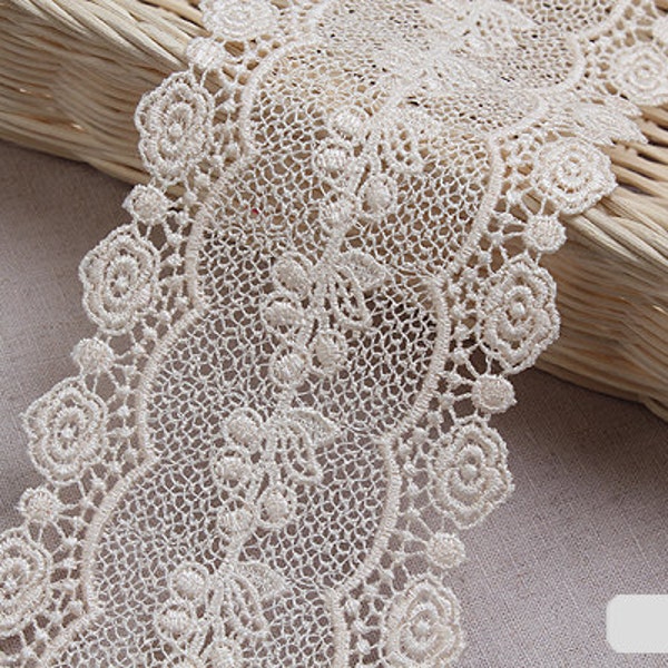 1yds Broderie Anglaise Vintage Venice lace trim Ivory 3.7"(9.5cm) YH1084 laceking2013