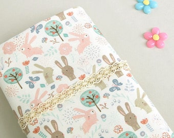 Bunny Cotton Fabric by the Yard, 44" Wide, Pastel Rabbit Forest Print, OEKO-TEX Korean Nursery Sewing Fabric laceking2013