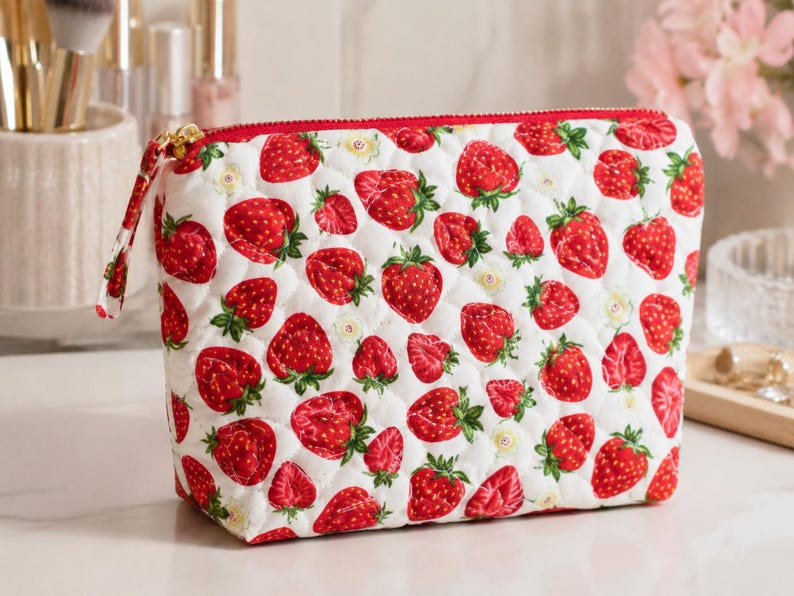 Pu&ograve; includere: Una pochette in tessuto trapuntato con un motivo ripetuto di fragole rosse e piccoli fiori bianchi su sfondo bianco. La pochette presenta una chiusura a zip rossa sulla parte superiore e una linguetta in tessuto abbinata, che conferisce una forma strutturata.