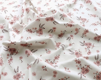 Vintage Pink Floral Cotton Fabric by the Yard, Small Botanical Bouquet Print, 44" Wide, Korean Fabric for Sewing & Quilting