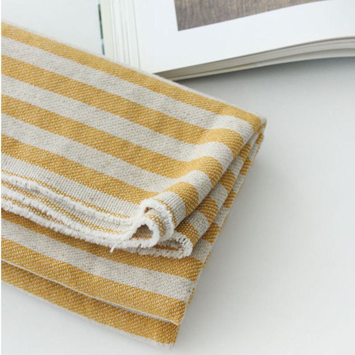 Cotton Linen Fabric Mustard Yellow Stripe by the Yard 44 | Etsy UK