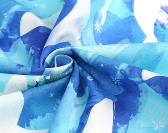 Whale Cotton Fabric by the Yard, Blue Ocean Sea Life Print, 44" Wide Korean Cotton for Nursery Quilts, Kids Clothes and Coastal Sewing