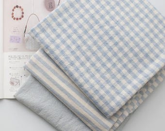 Sky Blue Gingham Check Stripe Cotton Fabric by the Yard, 63" Wide Soft Washed Yarn Dyed Korean Cotton for Dress Shirt Bedding