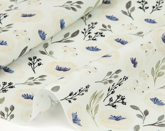 May include: White fabric with a repeating pattern of small blue and green flowers and leaves. The fabric has a subtle watercolor effect.