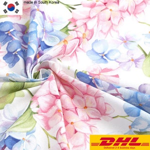 Tela de algodón de primera calidad con estampado floral, disponible por metro, 112 cm de ancho, SY Romantic: hortensias, fabricadas en Corea.