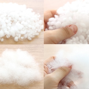 Puede incluir: Imágenes en primer plano de relleno de fibra de poliéster blanca y suave, adecuado para rellenar cojines, juguetes o proyectos de manualidades. El relleno se muestra en un montón y en la mano, destacando su textura ligera y aireada.