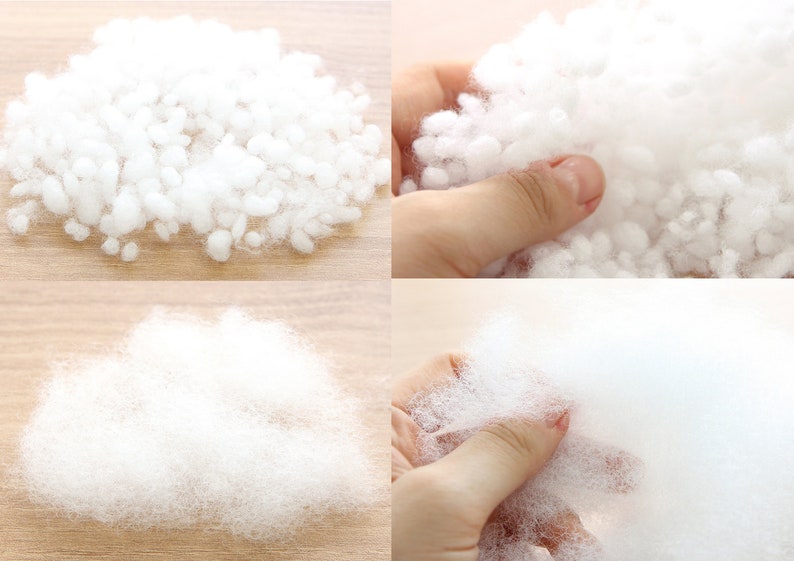 May include: A collection of fluffy, white polyester fiberfill, ideal for stuffing pillows, plush toys, or crafts. The image shows close-ups of the fiberfill, both in a pile and being held, highlighting its soft, cloud-like texture.