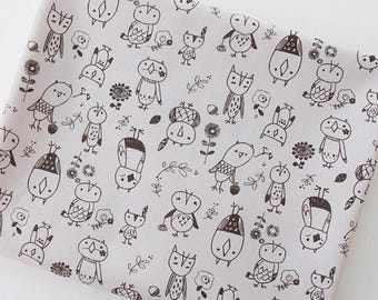 Whimsical Bird and Owl Cotton Fabric by the Yard, 44" Wide Korean Fabric for Quilting and Sewing