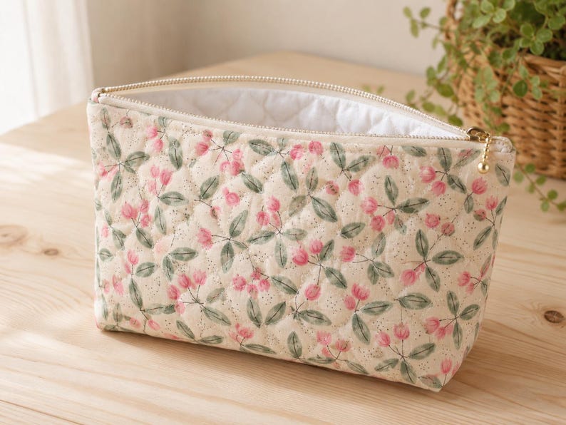 Pu&ograve; includere: Una pochette in tessuto trapuntato con base color crema e un motivo ripetuto di piccoli fiori rosa e foglie verdi. La borsa rettangolare presenta una chiusura a zip in metallo dorato e una fodera interna bianca trapuntata visibile all'apertura.