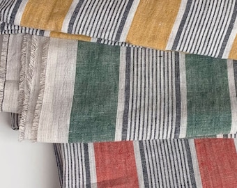 Premium Quality 100% Linen Fabric by the Yard Mustard Yellow Vintage Kitchen Stripe Extra Wide 58"(147cm) AS Veggie Stripe Upholstery