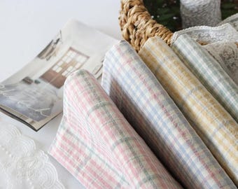 Soft Bio Washed Cotton Fabric by the Yard 65" Extra Wide Yarn Dyed Check Pastel Melange Korean Fabric for Dress Skirt Pants Apparel