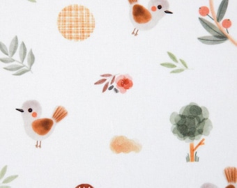 Organic Cotton Bird Fabric by the Yard, Watercolor Woodland Print, 44-Inch Wide