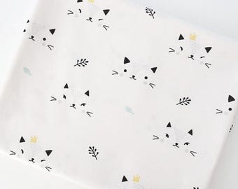Crowned Cat Cotton Fabric: Minimal Kitty Print, 44" Wide, Made in Korea
