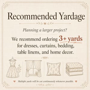 May include: An informational graphic with a cream background and dark brown text titled Recommended Yardage. It suggests ordering 3+ yards for dresses, curtains, bedding, table linens, and home decor, featuring line art illustrations of these items.