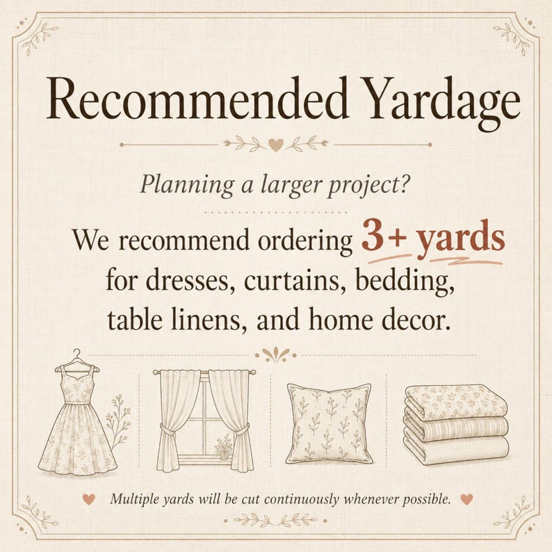 May include: An informational graphic with a cream background and dark brown text titled Recommended Yardage. It suggests ordering 3+ yards for dresses, curtains, bedding, table linens, and home decor, featuring line art illustrations of these items.