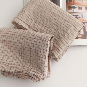 Tela de lino y algodón lavado rojo francés por metro, tela a rayas de cuadros, cortinas, manteles, textiles para el hogar, hecha en Corea, 145 cm de ancho.