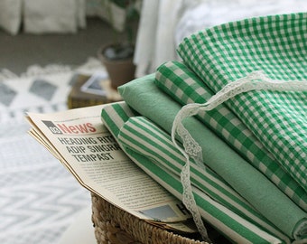 Cotton Fabric by the Yard Solid, Gingham 63" Extra Large Wide Cozy Organic Washed Stripe & Check Fresh Green made in Korea