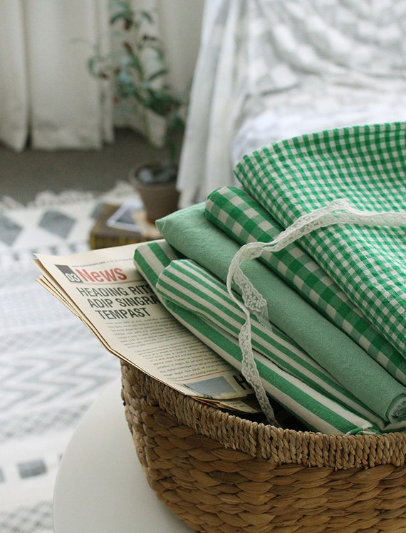 Cotton Fabric by the Yard Solid, Gingham 63" Extra Large Wide Cozy Bio Washed Stripe & Check Fresh Green made in Korea
