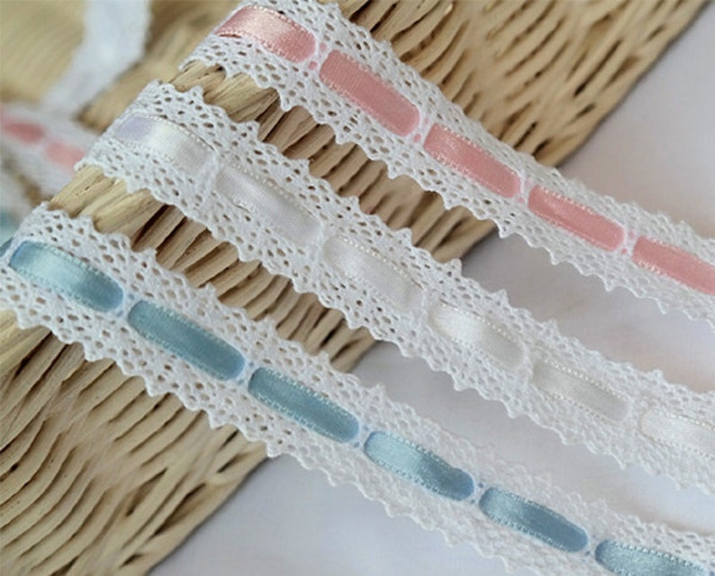 May include: White lace trim with a satin ribbon in pink and light blue. The ribbon is woven into the lace trim.