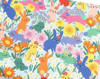 Vivid Color Rabbit Cotton Fabric by the Yard, Floral Bunny Print, 42 Inches Wide