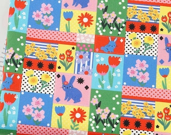 Vivid Color Patchwork Rabbit Cotton Fabric by the Yard, Floral Bunny Print, 42 Inches Wide