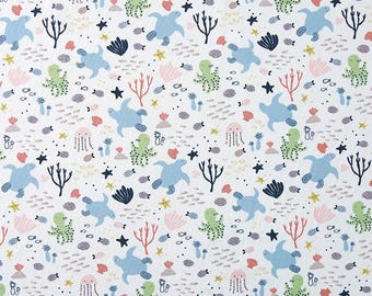 Ocean Animal Cotton Fabric by the Yard, Dolphin and Octopus Print, 44-Inch Wide