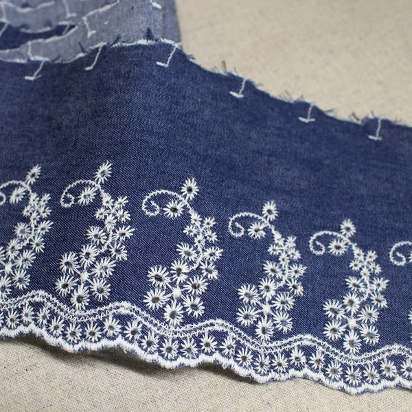 14yards Embroidery Broderie Anglaise Eyelet Denim Blue lace trim 4"(10cm) YH Denim2 laceking2013 made in Korea