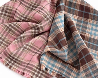 Brushed Cotton Plaid Fabric by the Yard, Pink or Blue Check, 44.5 Inches Wide